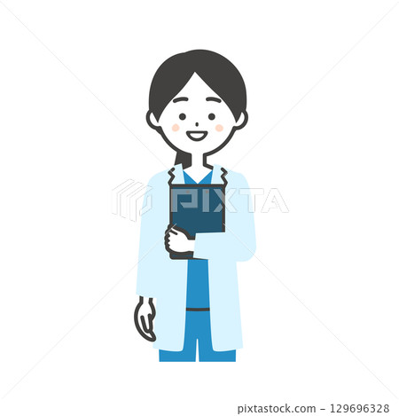 一位身穿手術服和白大褂的女醫生手持文件的插圖 一位身穿手術服和白大褂的女醫生手持文件的插圖 129696328