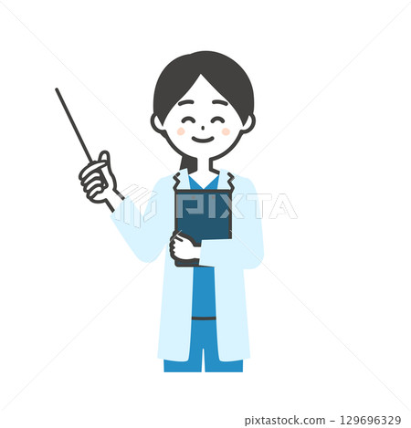 一位身穿手術服和白大褂的女醫生演講的插圖 一位身穿手術服和白大褂的女醫生演講的插圖 129696329
