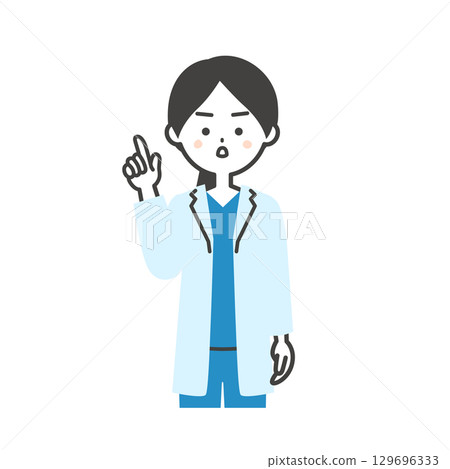 Illustration of a female doctor in a scrub and white coat standing with a serious face Illustration of a female doctor in a scrub and white coat standing with a serious face 129696333