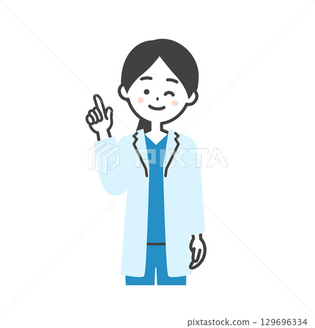 Illustration of a female doctor in a scrub and white coat winking and pointing up Illustration of a female doctor in a scrub and white coat winking and pointing up 129696334