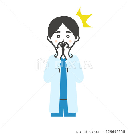 一位身穿手術服和白大褂的女醫生摀著嘴,感到驚訝的插圖 一位身穿手術服和白大褂的女醫生摀著嘴,感到驚訝的插圖 129696336