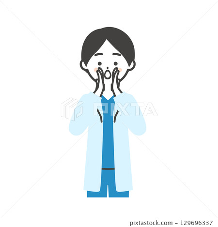 Illustration of a female doctor in a scrub and white coat calling with both hands over her mouth 129696337