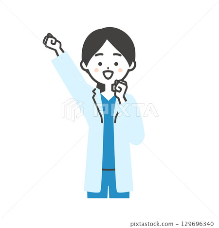 一位身穿手術服和白大褂的女醫生揮舞拳頭的插圖 129696340