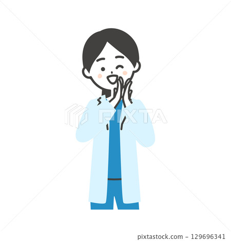 一位身穿手術服和白大褂的女醫生一邊鼓掌一邊眨眼的插圖 一位身穿手術服和白大褂的女醫生一邊鼓掌一邊眨眼的插圖 129696341