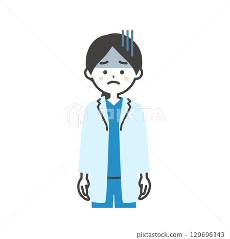 一位身穿手術服和白大褂、表情陰沉的女醫生的插圖 129696343