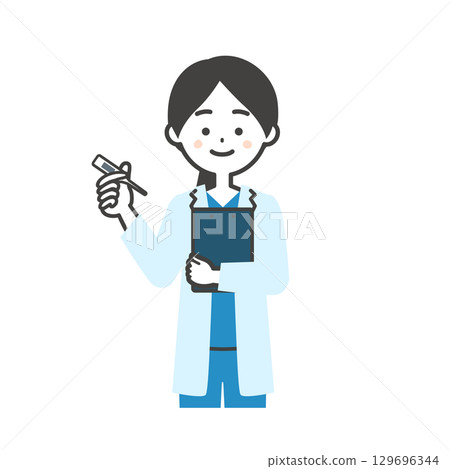 一位身穿手術服和白大褂的女醫生拿著溫度計的插圖 129696344
