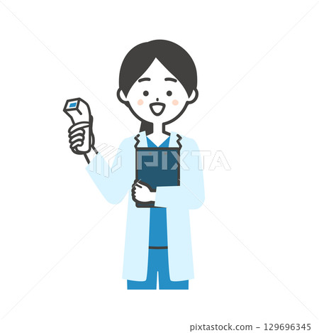 Illustration of a female doctor in a scrub and white coat holding a thermometer 129696345
