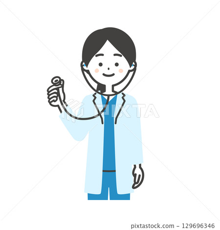 Illustration of a female doctor in a scrub and white coat holding a stethoscope 129696346