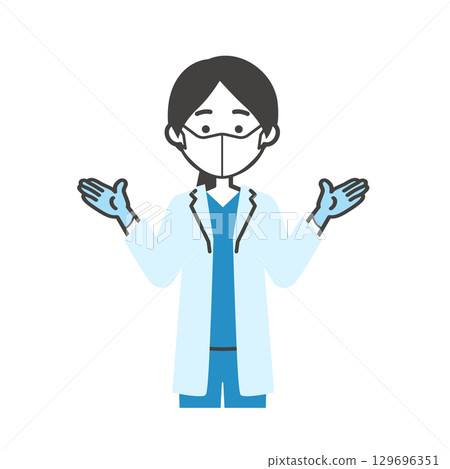 一位女醫生穿著手術服和白大褂,戴著口罩和橡膠手套的插圖 一位女醫生穿著手術服和白大褂,戴著口罩和橡膠手套的插圖 129696351