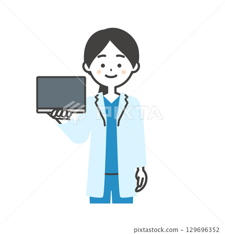 Illustration of a female doctor in a scrub and white coat holding a laptop Illustration of a female doctor in a scrub and white coat holding a laptop 129696352