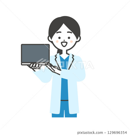 一位身穿手術服和白大褂的女醫生指著一台筆記型電腦的插圖 129696354