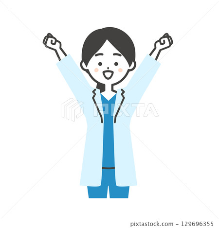 Illustration of a female doctor in a white coat and scrubs stretching 129696355