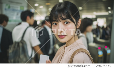 Morning scene: A young Japanese woman exiting the ticket gate 129696439