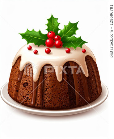 Traditional Christmas Pudding with White Icing Holly and Red Berries on a Plate 129696791