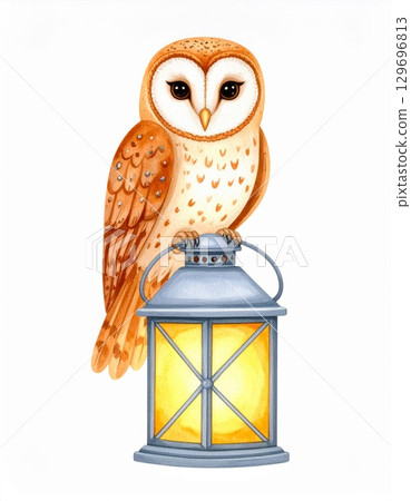 Watercolor Barn Owl Perched Atop an Antique Lantern Against a White Background 129696813