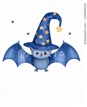 Cartoon Bat Wearing a Blue Wizard Hat Surrounded by Stars Against White Background Cartoon Bat Wearing a Blue Wizard Hat Surrounded by Stars Against White Background 129696816