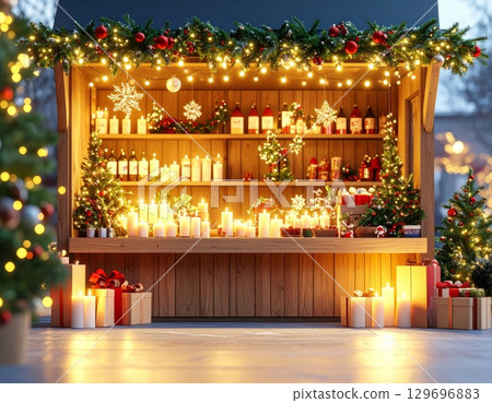 Festive Christmas Market Stall Featuring Candles Gifts and Decorative Garland in Warm Light 129696883
