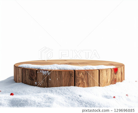 Rustic Wooden Podium on Snow with White Backdrop for Winter Display 129696885