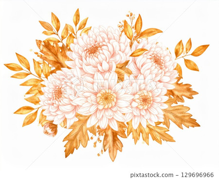 Watercolor Chrysanthemum Bouquet with Yellow and Orange Leaves on White Background 129696966