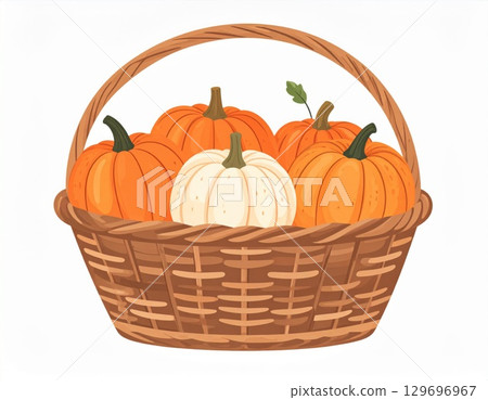 Basket Full Of Ripe Pumpkins Orange White For Autumn Harvest Decoration With Green Leaf 129696967