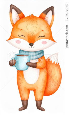 Watercolor Illustration of a Smiling Orange Fox Holding a Blue Mug with a Scarf Watercolor Illustration of a Smiling Orange Fox Holding a Blue Mug with a Scarf 129697070