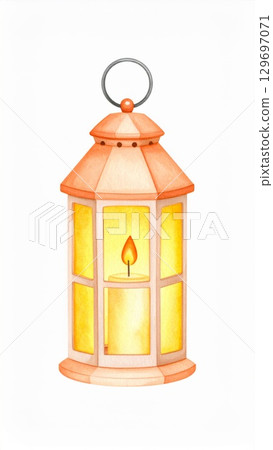 Watercolor Illustration of Orange Lantern with Candle on White Background Watercolor Illustration of Orange Lantern with Candle on White Background 129697071