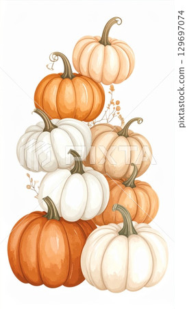 Pile Of Orange And White Pumpkins In Autumn Pixel Art On A White Background 129697074