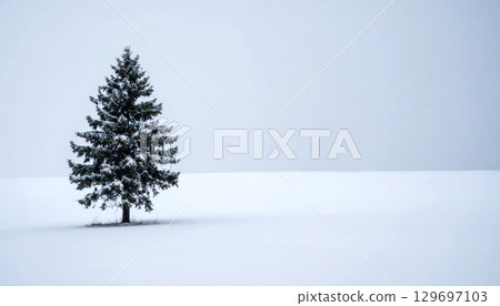 Solitary Evergreen Tree Stands in Snow Covered Field in Winter Landscape With Overcast Sky 129697103
