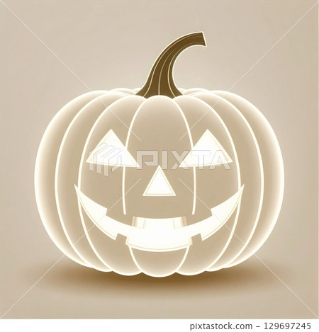 Monochromatic Pumpkin Illustration with Glowing Carved Face on a Beige Background 129697245