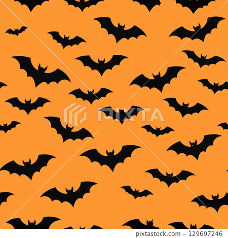 Seamless Pattern of Black Bats on a Bright Orange Background for Halloween Theme 129697246