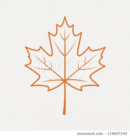 Simple Maple Leaf Outline in Orange on White Textured Background for Decoration 129697249