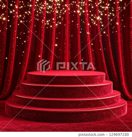 Opulent Red Stage with Cascading Lights and Glittering Steps for Grand Event 129697280