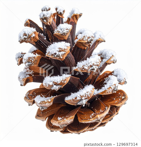 Snow Covered Brown Pinecone Isolated on White Background During Winter Season 129697314