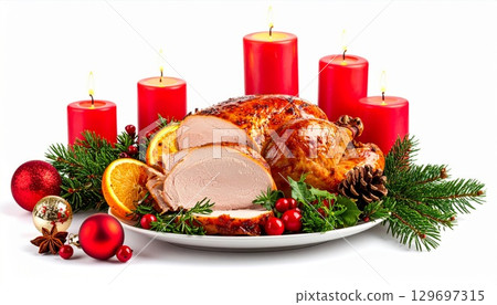 Festive Holiday Meal Roasted Turkey Garnished with Evergreen and Candles on White Background 129697315