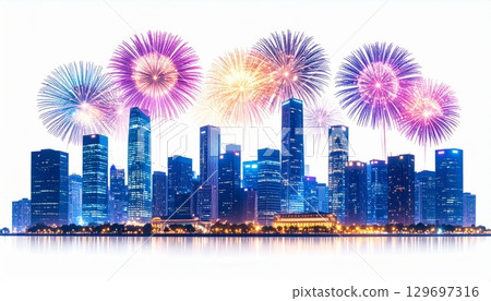 Dramatic Cityscape Skyline with Fireworks Display and Urban Illumination on White Background 129697316