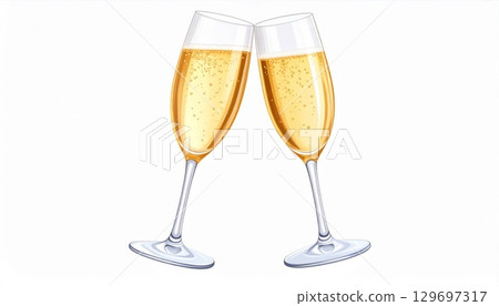 Two Champagne Flutes Toasting In Celebration With A White Background And Golden Bubbles 129697317