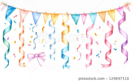 Colorful Watercolor Party Decoration with Banners and Streamers on White 129697318