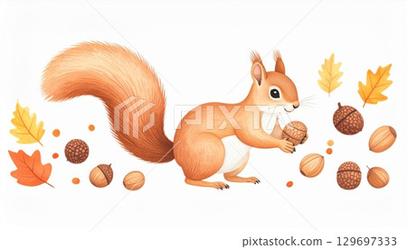 Watercolor Squirrel Gathering Acorns and Colorful Leaves in Autumn Season 129697333