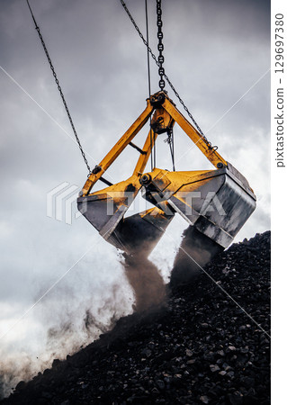 Coal bucket suspended from a robust crane is seen in action at an industrial site. The crane is engaged in loading and unloading coal, with a significant amount of black coal being released pile below 129697380