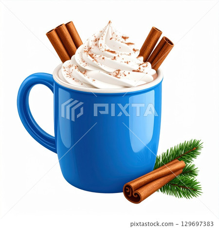 Festive Blue Mug with Hot Chocolate Cream and Cinnamon Sticks on White Background 129697383