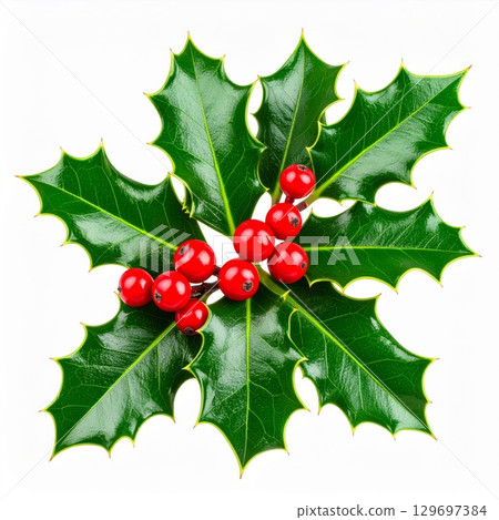 Festive Holly Branch with Red Berries and Green Leaves Isolated on White Background 129697384