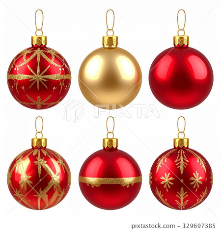 Assorted Christmas Ornaments Red and Gold Balls Decoration on White Background 129697385