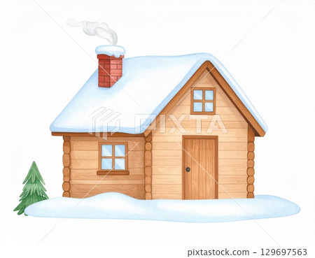 Watercolor Snowy Log Cabin with Coniferous Tree on a White Background 129697563