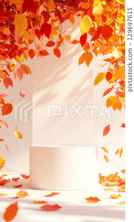Minimalist Podium with Autumn Leaves in Sunlight for Product Display and Showcase 129697615