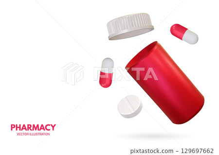Pharmacy poster, banner with 3d Realistic Pharmaceutical Bottle and capsule pill tablet. Advertising for hospital or pharmaceutical company. Sign for pharmacy. Vector illustration. 129697662