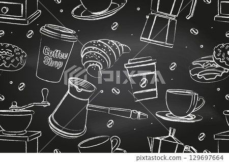 Seamless pattern for coffee shop, restaurant, cafe, bar. Cafe menu background. Vector. Coffee, croissant, cup, beans, grinder and grinder on the chalkboard Seamless pattern for coffee shop, restaurant, cafe, bar. Cafe menu background. Vector. Coffee, croissant, cup, beans, grinder and grinder on the chalkboard 129697664