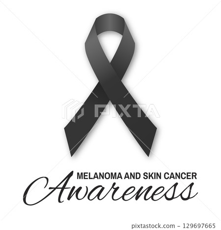 Melanoma and Skin Cancer Awareness poster, banner, card. Vector. Realistic Black Ribbon on White Background for World Melanoma Day concept. Melanoma and Skin Cancer Awareness poster, banner, card. Vector. Realistic Black Ribbon on White Background for World Melanoma Day concept. 129697665