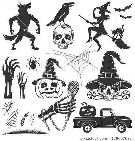 Halloween icons and elements. Set including pumpkins, skulls in wizard hats, werewolf, flying witch on a broomstick, pumpkin, pickup truck, skull hand hold microphone silhouette. Perfect for Halloween 129697682