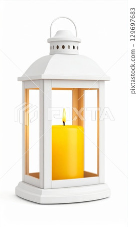 Glowing Yellow Candle Inside a White Decorative Lantern on White Background 129697683