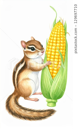 Adorable Chipmunk Holding a Fresh Ear of Corn on a White Background Illustration 129697710